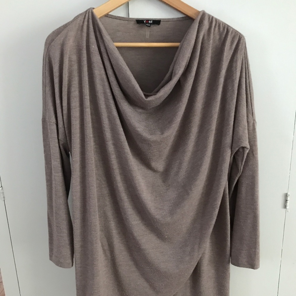 Mauve drapey front, long top.